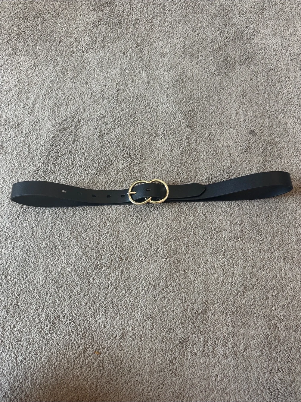 Black Leather Double-Ring Belt with Gold Buckle